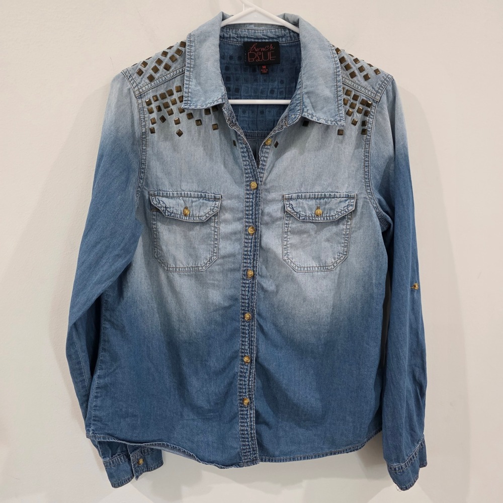 Womens Chambray Studded Button Up Shirt Size Medium Blue Ombre Longβ Sleeve Punk